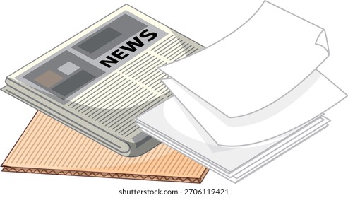 Ilustração vetorial de jornal, folhas em branco e papelão com estilo de cor limpa e plana