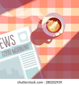 Vector illustration with newspaper and a cup of coffee on checked tablecloth.