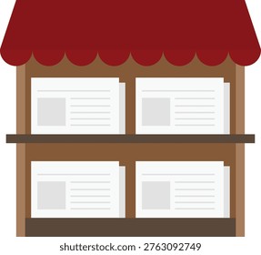 Vector illustration of a newspaper kiosk with a red striped awning and wooden stand. Multiple stacks of newspapers are displayed on shelves, representing street vendor concepts.