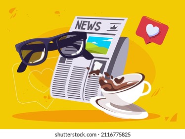 vector illustration of a newspaper with the latest news with a cup of coffee and glasses