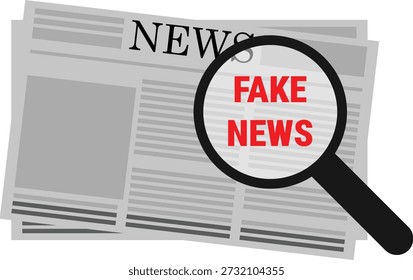 Vector illustration of a newspaper with the word news at the top and a magnifying glass highlighting fake news in bold red text. This graphic symbolizes misinformation, media scrutiny, and the importance of verifying news content. Suitable for journalism themes, media literacy campaigns, and editorial design.