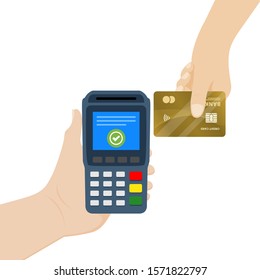 Vector illustration of NFC payment. Pos terminal confirms contactless payment from credit card.