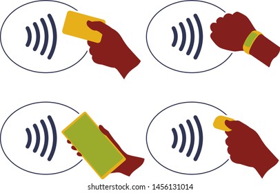 Vector illustration. NFC wireless payment method icon set with hands set.