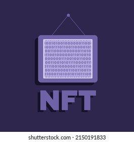 Vector illustration. NFT background. The concept of digital technologies. Crypto art. NFT icon and picture frame with binary code