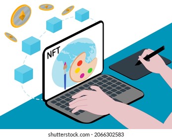 vector e ilustración de NFT (token no fungible) blockchain art con criptodivisa o moneda digital. concepto de arte de NFT