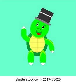 Vector illustration of an NFT turtle in a hat on a green background.