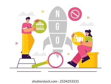 Ilustração vetorial de uma ONG ou organização não governamental para tratar de necessidades sociais e políticas específicas em um plano de fundo de desenhos animados de estilo plano