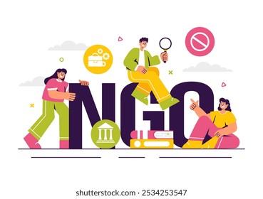 Ilustración vectorial de una ONG o Organización no gubernamental a la Dirección de necesidades sociales y políticas específicas en un fondo de dibujos animados de estilo plano