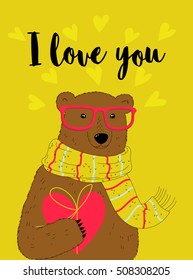 Vector illustration of a nice bear with heart. I love you lettering.