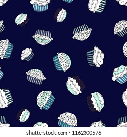 Vector illustration. Nice birthday background on black, neutral and white. Wrapping paper. Seamless pattern with cakes.