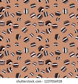 Vector illustration. Nice birthday background on black, pink and white. Seamless with hand drawn doodle desserts: cupcakes, cake, pie, muffins.
