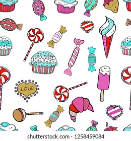 Vector illustration. Nice birthday background on white, pink and black. Sweets background design. Seamless pattern with sweet Cupcakes pattern.