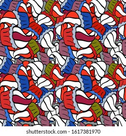 Vector illustration. Nice birthday background on white, red and black. Seamless pattern with cakes. Wrapping paper.