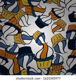 Vector illustration. Nice birthday background on blue, black and white. Seamless pattern with cakes. Wrapping paper.