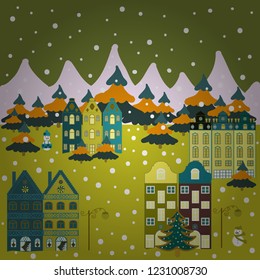 Vector illustration. Nice buildings on green, yellow and neutral colors. Doodle houses vector background.