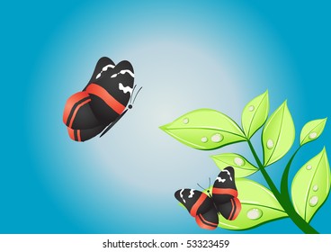 Vector illustration of nice butterflies over green leaves