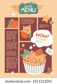 Vector illustration of a nice cafe menu. The poster features a menu with a cute kawaii cat in a cupcake. Tasty food for a cat. Animal food concept. Flat cartoon style. Space for text.