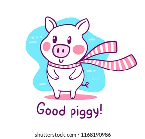 Vector illustration of nice cartoon pig with long winter striped scarf, pink cheeks, text. Hand drawn flat style design of symbol of the new year 2019 for web, site, greeting card, sticker