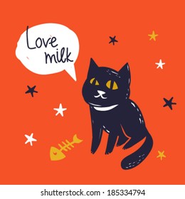 Vector illustration. Nice cat. Love milk in bubble