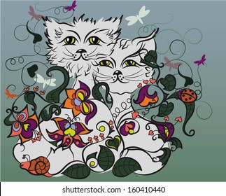 Vector illustration of a nice couple of cats in love against beautiful exotic vegetation.
