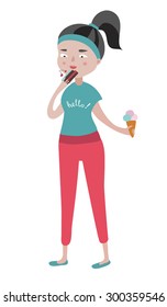 Vector illustration of nice dumpling girl eating her cake and hold ice cream in her hand