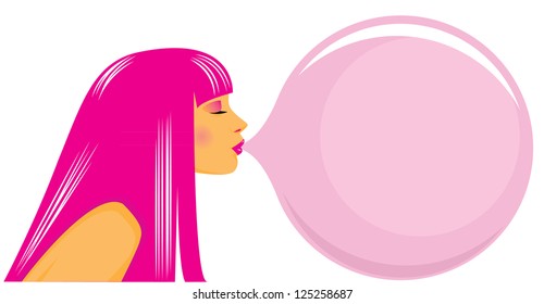 Vector illustration of nice girl inflating a bubble from a chewing gum.