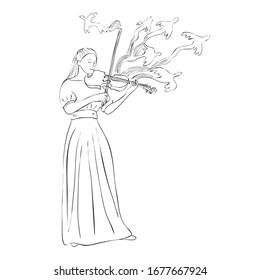 Vector illustration of a nice happy girl playing the violin. Black ink.  Great for music poster template, cards,  music covers. Isolated outline.