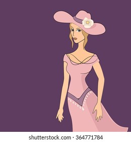 Vector illustration of the nice lady in pink dress with hat at violet background.