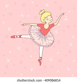 Vector illustration of nice little ballet dancer on red background with hearts