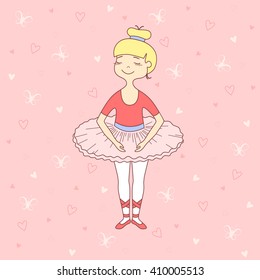 Vector illustration of nice little ballet dancer on red background with butterflies and hearts