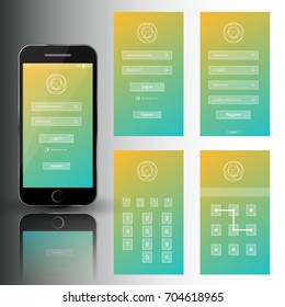 Vector illustration of nice mobile phone set of security frames. Template with login, registration and swipe screens.