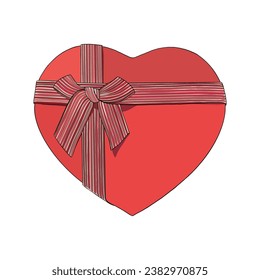 Vector illustration of nice red heart box with stripped ribbon and bow. Image for postcard or sweets or gift box for Mothers day. For paper decoration logo wrappings scrapbooking banner poster prints