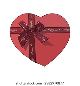 Vektorgrafik von schöner roter Herzbox mit dunkelrotem Band und luxuriöser Schleife. Bild für Postkarte oder Süßigkeiten oder Geschenkbox für Neujahr. Für die Papierdekoration Logo-Umhüllungsaufkleber