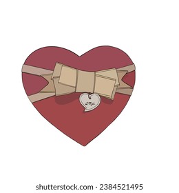 Vector illustration of nice red heart box with beige ribbon bow and name card. Image for postcard or sweets or gift box for New Year or Christmas. To paper decoration logo sticker textile poster print