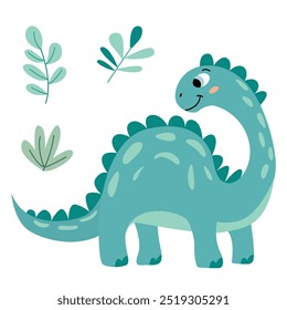 Vector illustration of a nice  smiling dinosaur in a flat vector style. Friendly design is ideal for children's books, t-shirt, nursery decor, greeting cards