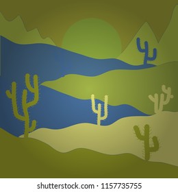 Vector illustration. Nice for a textile print, product packaging and home decor. Green, yellow and blue colors. Vector pattern with cactus plants in a tossed pattern. Soft and pretty.