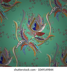 Vector illustration. In nice textile style on green, gray and blue colors. Floral seamless pattern with watercolor flowers.