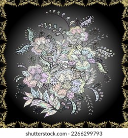 Ilustración vectorial. En un bonito estilo textil con colores negros, grises y neutros. Patrón floral sin fisuras con flores acuarelas. Negro. Oscuro. 