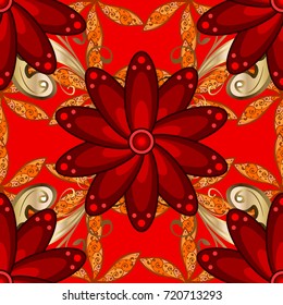 Vector illustration. In nice textile style on red, brown and orange colors. Floral seamless pattern with watercolor flowers.