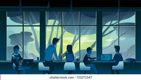 Vector Illustration Of Nice Workplace, Office, Co Working, Cafe With People, Business Man Meeting, Working, Taking Together In Front Of Window With Sunset Nature View Outside.  