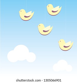 Vector illustration. Nice yellow birds fly in the sky.