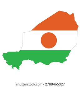 Vector illustration of Niger in the shape of its national borders, filled with the Nigerien flag colors. Clean flat design featuring orange, white, and green horizontal bands with a central orange circle emblem. Minimal geographic silhouette suitable for education, travel, and infographic use. Isolated scalable composition for digital and print projects.