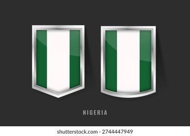 Vector illustration of Nigeria flag on 3D metallic shields. Green and white vertical triband representing peace and agriculture. National symbol of the Giant of Africa and Nigerian identity