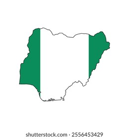 Vector illustration of Nigeria map overlaid with the national flag, highlighting the country's geographic outline combined with its national colors.