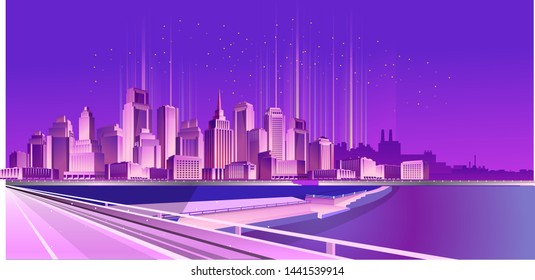 Vector illustration of a night area of the city, lit by neon lights crossing roads
