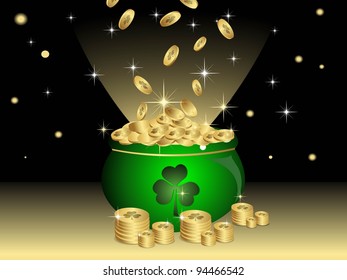 Vector illustration of night background with cauldron having gold coins and shiny stars for St. Patrick's Day.