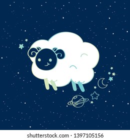 Vector illustration night background with sheep, star and planet. Doodle sheep with dark sky background.