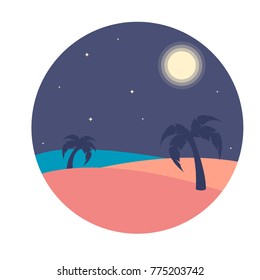 Vector illustration of night beach with two palm tree. Flat design for logo, sites or product design