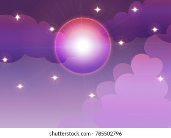 Vector and illustration of night blue and purple sky with cloud, stars, glitter and sparkles with moon light flare for background with good night or bed time theme