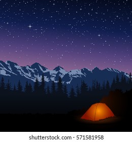 Vector illustration of night camping with one glowing tent under the stars in a scenic place of wild nature with high mountain peaks at background and silhouette of dark forest